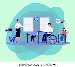 Student in wheelchair on lesson at school vector illustration. Drawing of boy with physical disability in class at university or college. Education, disability, inclusion, accessibility concept