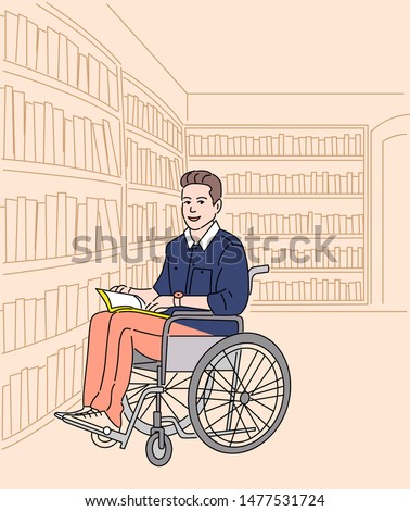 Student in wheelchair reading book in library, vector illustration