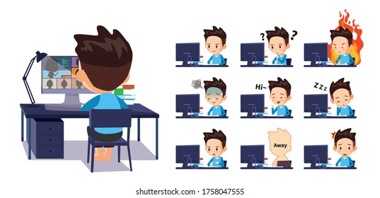 A student who is having an online class at home. express various emotions