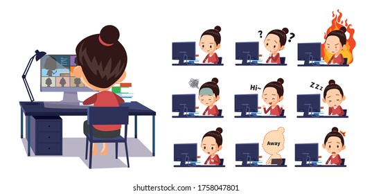 A student who is having an online class at home. express various emotions