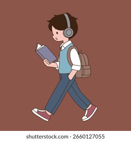 um estudante que anda lendo um livro. Design mínimo de ilustração de linha.