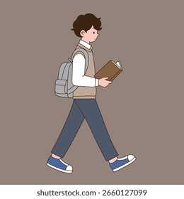 Un estudiante que camina mientras lee un libro. Diseño de ilustración de línea mínima.