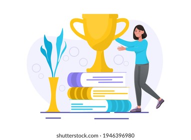 Student winning concept. Distance learning, education, business goal. Young girl get the cup. Flat abstract metaphor cartoon vector illustration concept design. Simple art isolated on white background