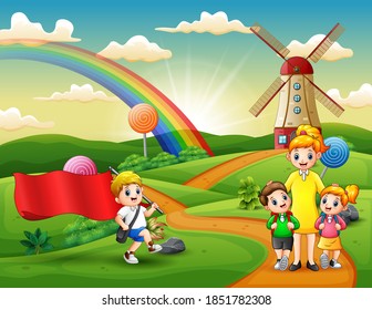 The student and a woman in candy land