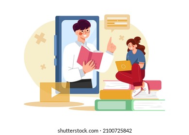 Student woman on top of phone and teacher at notebook Illustration concept. Flat illustration isolated on white background