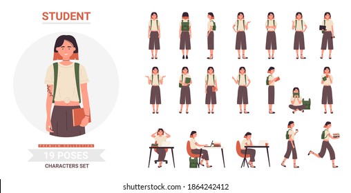 Student woman poses vector illustration set. Cartoon female teen character standing, walking or running with books and backpack, thinking about education tasks, posing collection isolated on white