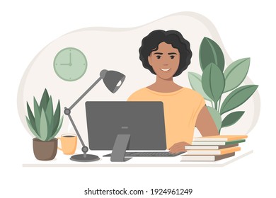 Student woman preparing for exams  using online courses, freelancer working from home. Freelance,  studying or online Education concept . Vector flat style illustration. 