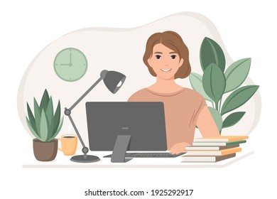 Student woman preparing for exams  using online courses, freelancer working from home. Freelance,  studying or online Education concept . Vector flat style illustration. 