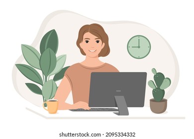 Student woman preparing for exams  using online courses, freelancer working from home. Freelance,  studying or online Education concept. Vector flat style illustration. 