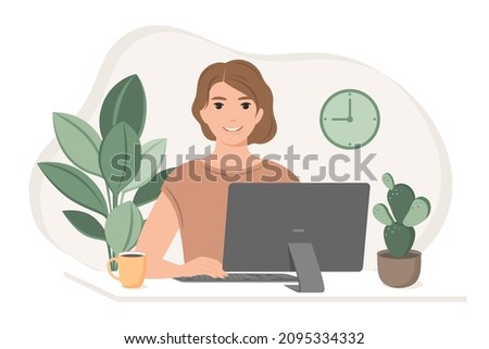 Student woman preparing for exams  using online courses, freelancer working from home. Freelance,  studying or online Education concept. Vector flat style illustration. 