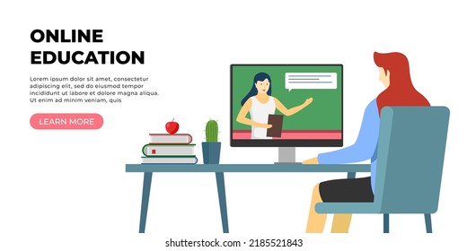 Student woman remote learning and online education at home. E-learning website with girl sitting at desk with books and studying on computer. Internet teacher landing page concept. Vector illustration