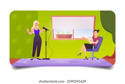 Student woman singing into microphone and teacher in music classroom vector flat illustration. Cartoon vocal lesson performance in school room