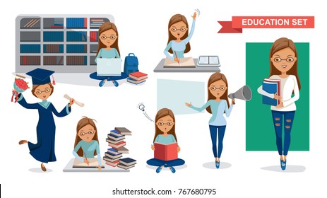 
Student Women of Education set. Holding megaphone.  Graduation, reading in the library, classroom lessons, Using computer, Student activity concept. character design.Vector illustrations  isolated.