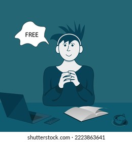 Student work by the laptop on the table. Flat vector illustration with man, laptop, coffee, book and mobile phone