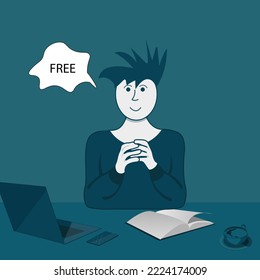 Student work by the laptop on the table. Flat vector illustration with man, laptop, coffee, book and mobile phone