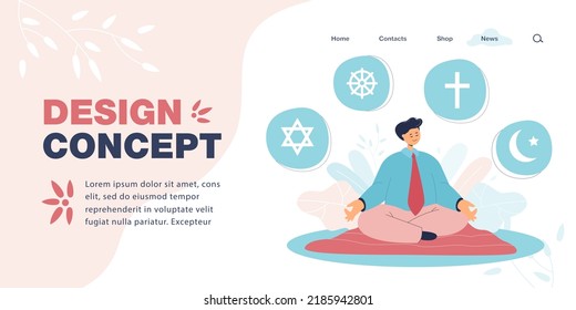 Student or worker learning about different religions. Man with Judaism, Buddhism, Christianity and Islam symbols flat vector illustration. Religion, education concept for banner or landing web page