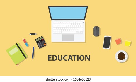a student or worker workspace with yellow background on table with computer laptop and book and flat style