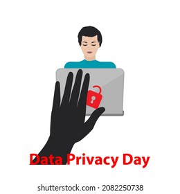 Student Working At Computer, Symbol Of Data Protection Padlock And Black Hand Of Hacker - Vector. Data Privacy Day. Cybersecurity Concept.