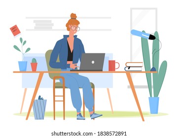 Student working at home vector illustration. Cartoon happy girl character studying and doing homework, young cute woman sitting at desk with laptop in room interior, home online education background