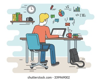 Student is working with laptop. Flat line contour illustration of man studying at his workplace. Guy with his back towards us and education infographics symbols such as chart, diagram, mail