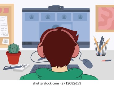 Student working meeting at home vector illustration