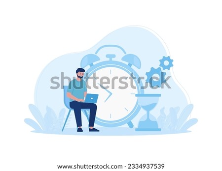 A student is working on an assignment with a laptop and time trending concept flat illustration