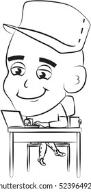 Student working on his laptop, contour illustration / Editable Eps 10