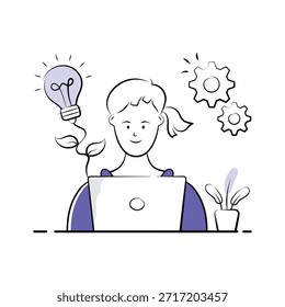 Estudiante que trabaja en el ordenador portátil con ideas creativas y brillantes, ilustración moderna