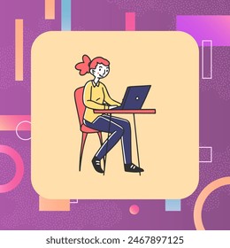 Student working on laptop flat vector illustration. Young office employee sitting in office and using computer. Education, work, occupation, technology concept for banner, website design, landing page