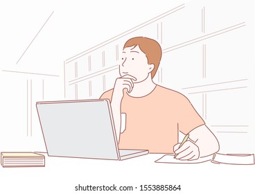 Student working on laptop in library.Eps10 vector.