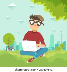 Student working or studying with laptop outside. Young stylish male character with laptop sitting on the grass in a city park. Vector colorful illustration in flat style. 