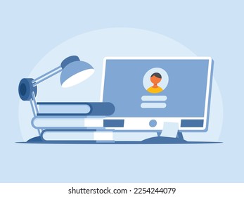 Student workplace with books, computer and desk lamp lying on the table. Vector graphics