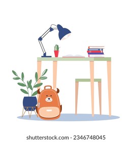 Centro de trabajo estudiantil con lámpara, libros, mochila. Concepto de aprendizaje. Ilustración vectorial de la educación primaria, enseñanza, infancia, estilo de vida aislado en el fondo blanco