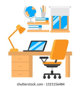 Student workplace vector illustration. Flat furniture and equipment for pupil and learner. Laptop on computer table with armchair.