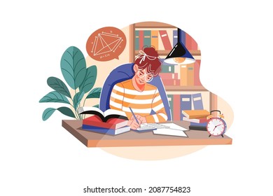 Student writes homework at the desk Illustration concept. Flat illustration isolated on white background.