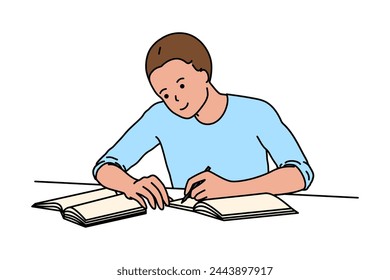 A student writes notes while preparing for an exam. Concept of reading books and education, learning and development. Vector illustration isolated on a white background in flat style.