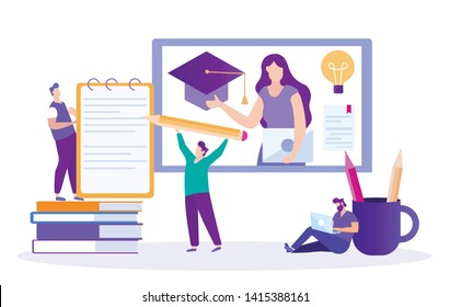 Student Writes Summary. Lecture Online. Distance Learning. Lesson Online. E-Learning. Online Training. Men with Pencil and Notebook. Vector Illustration. Write Lecture. Correspond with Woman Teacher.