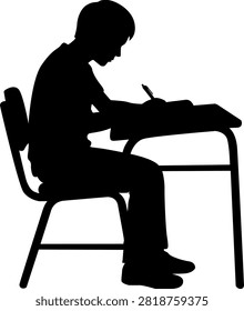 Student writing at desk silhouette isolated on white background. Boy studying or taking an exam in classroom vector illustration.

