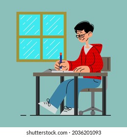 Student writing on a book in the class vector illustration