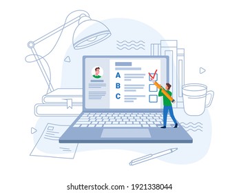 Student writing online exam on computer flat cartoon character with pencil in hands. Vector person on distance education, web examination, right answer in test on laptop. Graduation or business exams