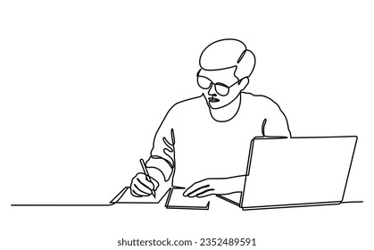 Estudiante escribiendo y estudiando frente a la laptop. Estilo de línea continuo. Dibujado a mano. Concepto de educación. Diseño de vectores. Ilustración
