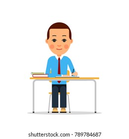 Student writing. Young man is writing with pen in paper notebook. Boy sitting at the table. Next on the table lie diary and book. Illustration in flat style. Isolated. Vector