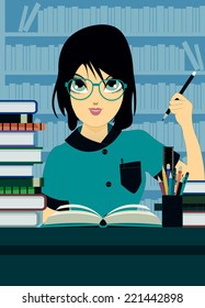Student wrote a bookshelf in the background. 