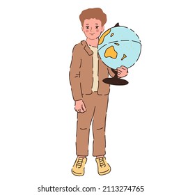 Student young boy. Schoolboy in uniform with model of Earth, globe. Secondary school pupil. Schoolchild standing pose vector illustration