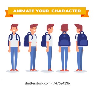 Student, Young Guy With Backpack. Front, Side, Back, 3/4 View Character For Animation. Separate Parts Of Body. Cartoon Style, Flat Vector Illustration.