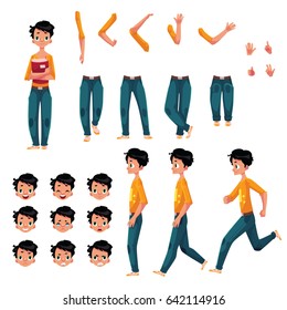 Student, young man character creation set with different poses, gestures, faces, cartoon vector illustration on white background. Studemt boy creation set, constructor, changeable face, legs, arms