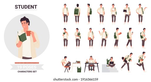 Student young man poses infographic vector illustration set. Cartoon student guy holding coffee cup, posing with book to study, walking with backpack or running with skateboard isolated on white