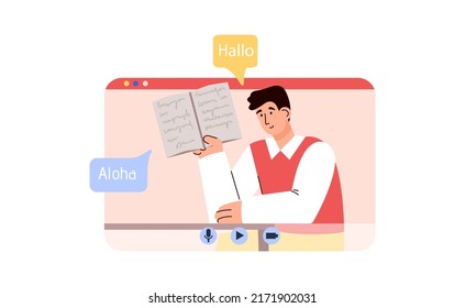 Student young man studying in language online class, flat cartoon vector illustration isolated on white background. Foreign language educational courses.