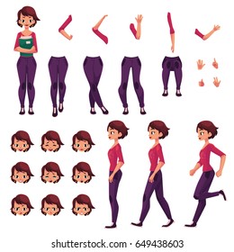 Student, young woman character creation set with different poses, gestures, faces, cartoon vector illustration on white background. 