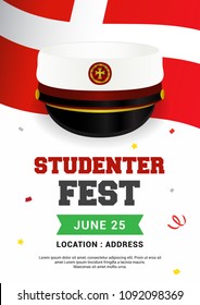 Studenterfest (Danish Translation: Student Party) Poster Vector Illustration. Graduation Cap On Danish Flag.